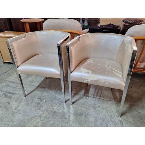 161 - Pair of Designer Chairs / Seats with Chrome Colour Metal Frame, Gold Tone Material, (A/F, Requires R... 