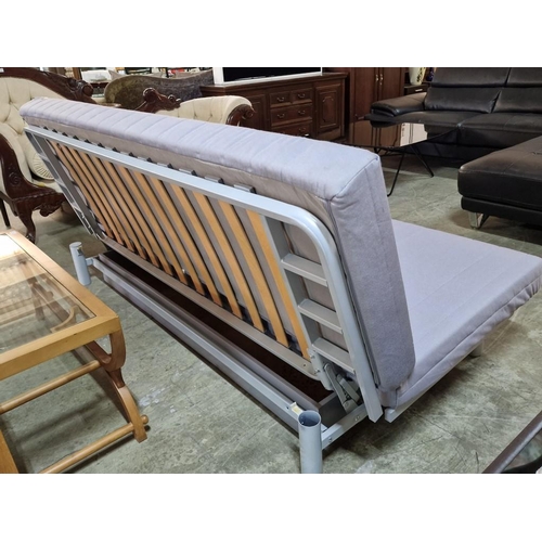 162 - Grey Fabric Sofa Bed with Storage Tray Under, (Open As Bed, Approx. 220 x 146cm)