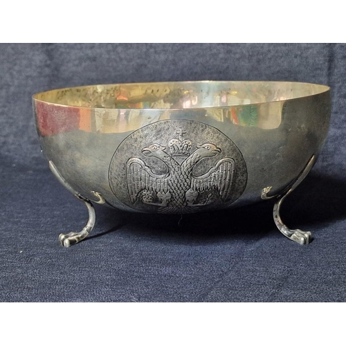 70 - Decorative Round Silver Bowl, 3-Footed with Relief Decoration of Island of Cyprus, Double Headed Eag... 