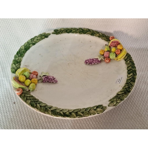 75 - Large Vintage Porcelain Shallow Fruit Bowl or Centerpiece with Green Leaf Effect Border and Porcelai... 