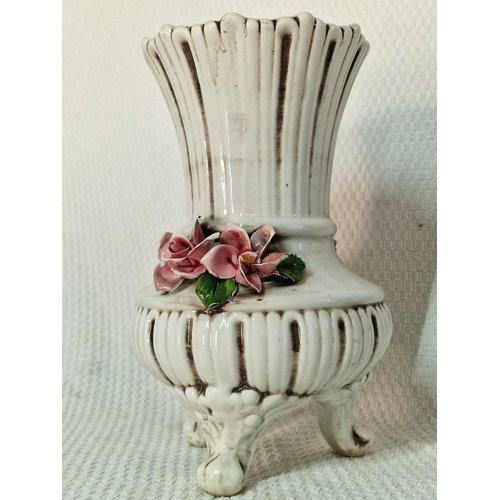 76 - Capodimonte Style Vase with Porcelain Flowers and Three-Footed, (Approx. H: 25cm)