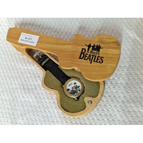 78 - Vintage Collectable Watch, 'The Beatles', by Apple Corp Ltd in Solid Wood Guitar Shaped Case, (Untes... 