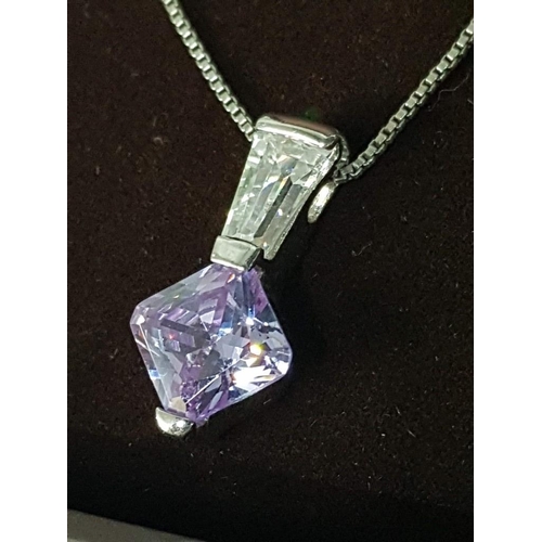 190 - Silver Chain (.925  Cyprus Hallmark) with Decorative Silver (.925) Pendant with Clear and Violet Cry... 