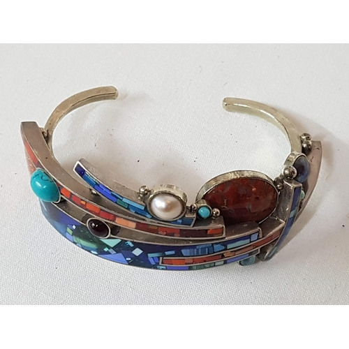 191 - Modern Highly Ornate Ethnic Style Bracelet (White Metal / Natural Stones / Enamel)