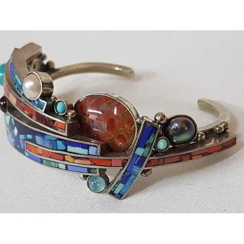 191 - Modern Highly Ornate Ethnic Style Bracelet (White Metal / Natural Stones / Enamel)