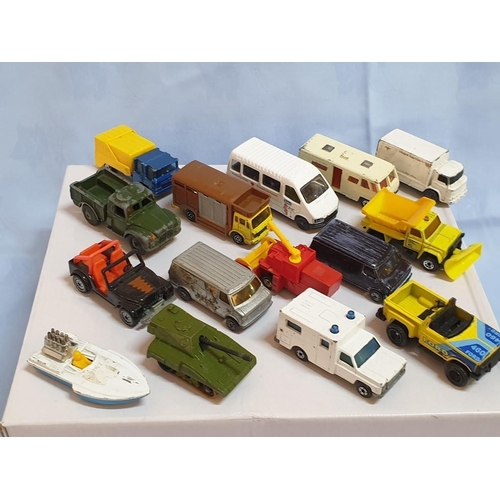 94 - Collection of 15 x Car Miniatures inc; Cars, Vans, Tank, Motorboat etc Dinky, Matchbox, Corgi Junior... 