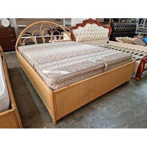 845 - King Size Bed with Bamboo Wood & Cane Effect Surround, Feature Curved Headboard and 'Slumberland' Ma... 