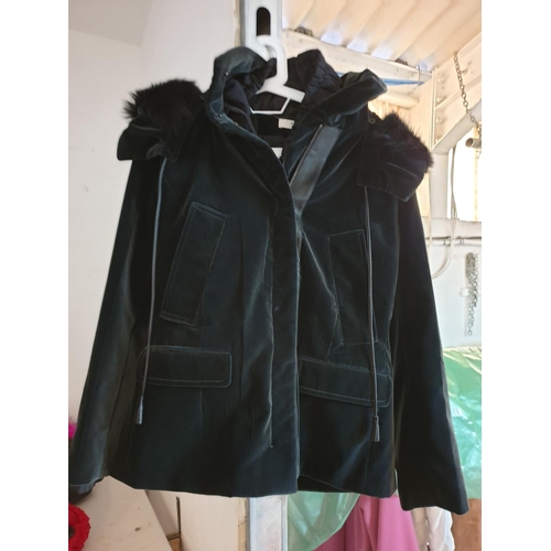 144 - Prada Velvet Winter Ladies Jacket with Faux Fur Hood, Size S/M, N/R in 0068, in Dark Grey / Black