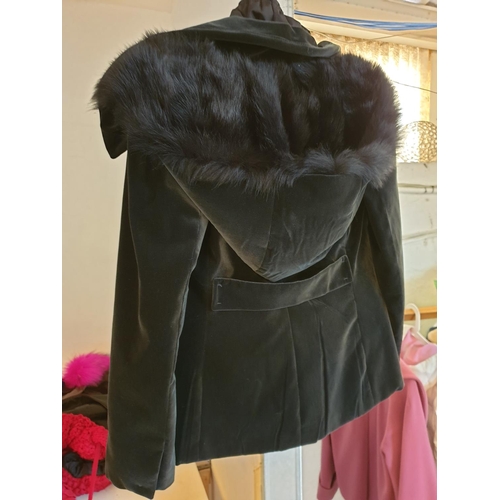 144 - Prada Velvet Winter Ladies Jacket with Faux Fur Hood, Size S/M, N/R in 0068, in Dark Grey / Black