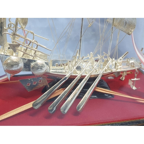 13 - Vintage White Metal Chinese Junk / Man of War Model Ship in Glass Display Case, Silver / Silver Plat... 