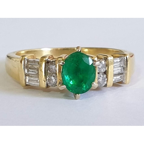 167 - 18ct Gold Emerald & Diamond Ring, Oval Cut Center Green Stone Offset by 4 x Round and 6 x Baguette C... 