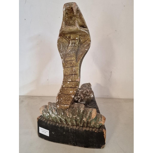 586 - Carved Wood Statue of Cobra, Raised to Strike with Open Mouth & Fangs, on Triangular / Wedge Shape B... 