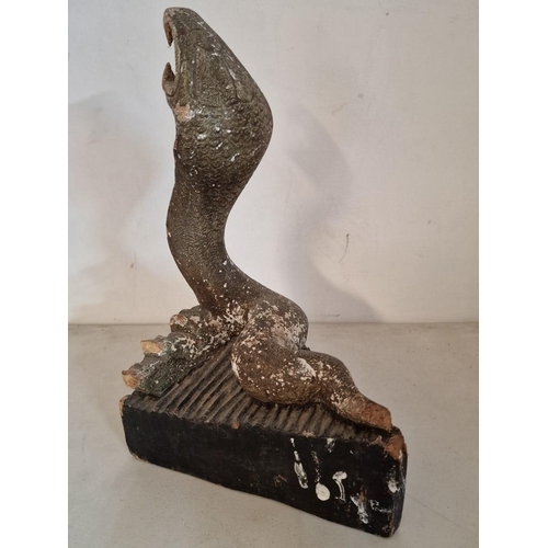 586 - Carved Wood Statue of Cobra, Raised to Strike with Open Mouth & Fangs, on Triangular / Wedge Shape B... 