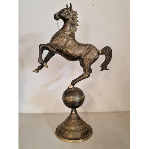 588 - Decorative Bronze Colour Metal Statue of Rearing Horse on Sphere, with Engraved Patterns, (Approx. H... 