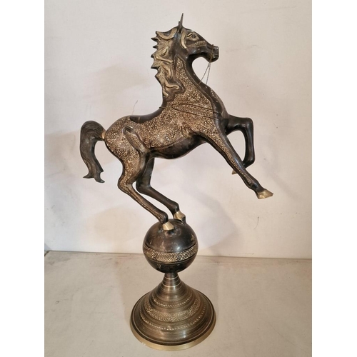 588 - Decorative Bronze Colour Metal Statue of Rearing Horse on Sphere, with Engraved Patterns, (Approx. H... 