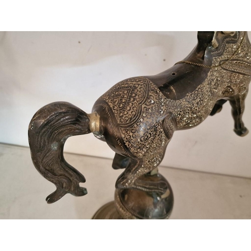 588 - Decorative Bronze Colour Metal Statue of Rearing Horse on Sphere, with Engraved Patterns, (Approx. H... 