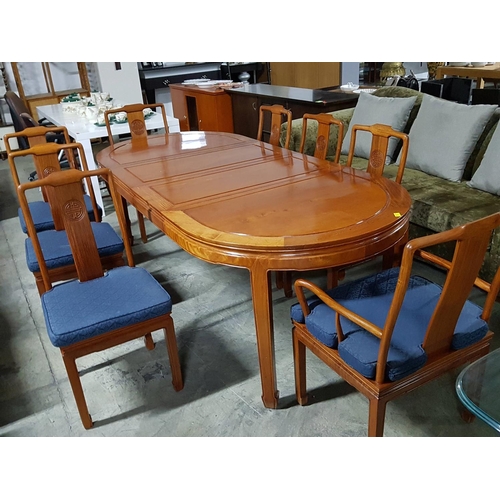 67 - Oval Large Extendable Dinning Table with 8 x Dinning Chairs with Blue Fabric Seats and Chinese Patte... 