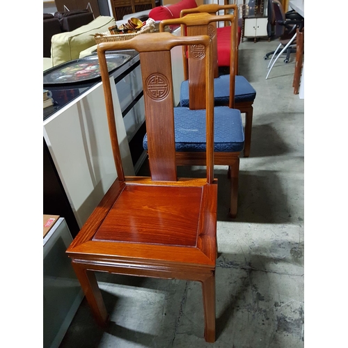 67 - Oval Large Extendable Dinning Table with 8 x Dinning Chairs with Blue Fabric Seats and Chinese Patte... 