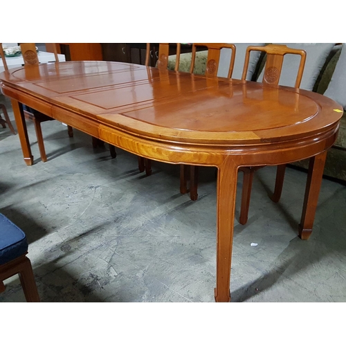 67 - Oval Large Extendable Dinning Table with 8 x Dinning Chairs with Blue Fabric Seats and Chinese Patte... 