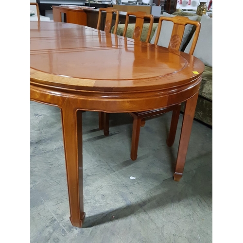 67 - Oval Large Extendable Dinning Table with 8 x Dinning Chairs with Blue Fabric Seats and Chinese Patte... 