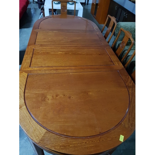 67 - Oval Large Extendable Dinning Table with 8 x Dinning Chairs with Blue Fabric Seats and Chinese Patte... 