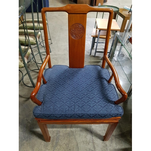 67 - Oval Large Extendable Dinning Table with 8 x Dinning Chairs with Blue Fabric Seats and Chinese Patte... 