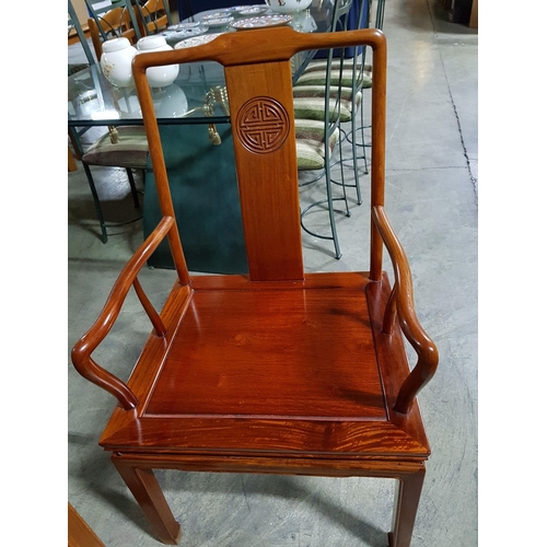 67 - Oval Large Extendable Dinning Table with 8 x Dinning Chairs with Blue Fabric Seats and Chinese Patte... 