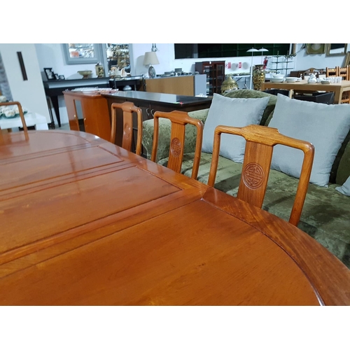 67 - Oval Large Extendable Dinning Table with 8 x Dinning Chairs with Blue Fabric Seats and Chinese Patte... 