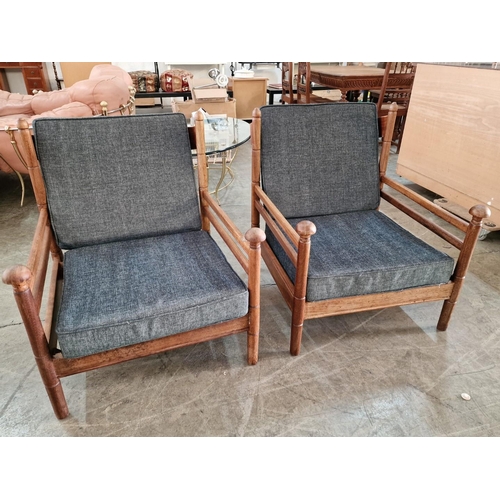 204 - Pair of Mid-Century Teak Armchairs, Believed to be 'Guy Rogers', with Grey Colour Seat and Back Cush... 