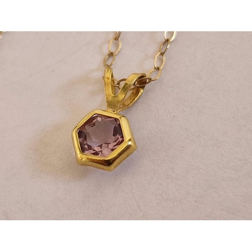 51 - 9ct Gold Fine Necklace with Hexagonal Shape Pendant Set with Purple Colour Stone, (Approx. L: 40cm, ... 