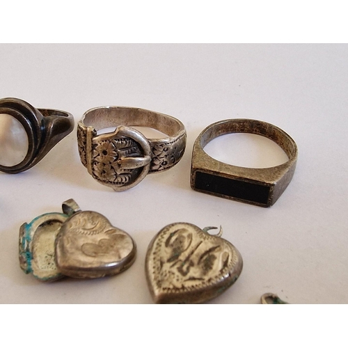 56 - Collection of Silver Items; 6 x Rings, Including Buckle Design, Black Stone and Pearl Effect, Togeth... 