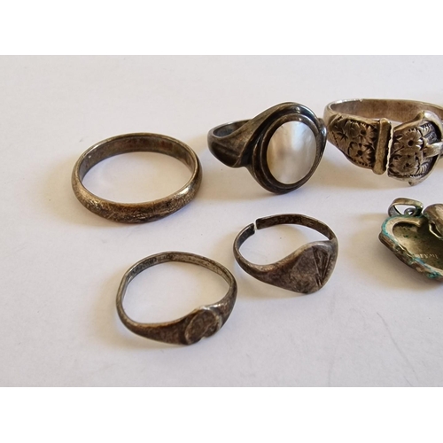 56 - Collection of Silver Items; 6 x Rings, Including Buckle Design, Black Stone and Pearl Effect, Togeth... 