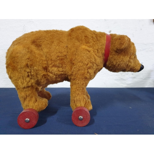 10 - Vintage Toy Bear on Red Wooden Wheels