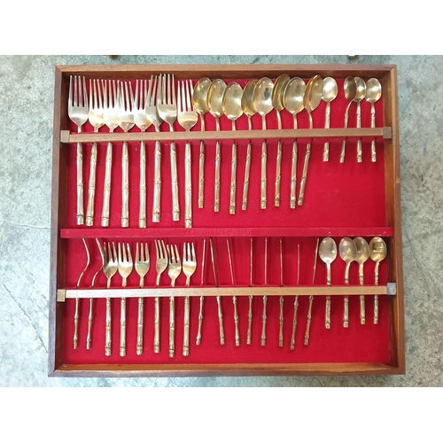 124 - Large Set of 98pcs of Brass Cutlery Bamboo Pattern on Handles in Wooden Display Box