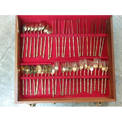 124 - Large Set of 98pcs of Brass Cutlery Bamboo Pattern on Handles in Wooden Display Box