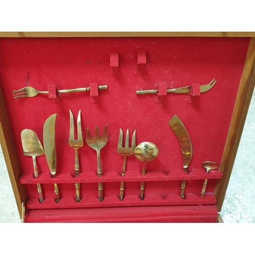 124 - Large Set of 98pcs of Brass Cutlery Bamboo Pattern on Handles in Wooden Display Box