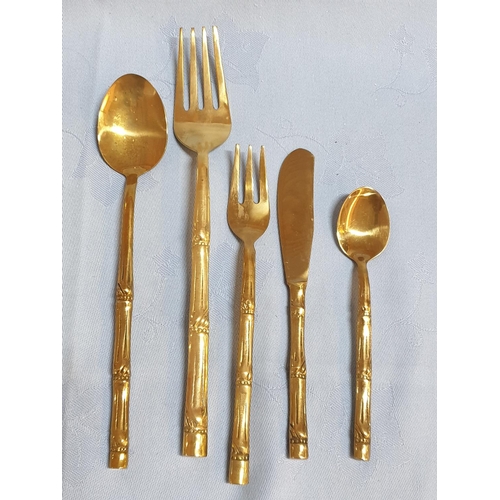 124 - Large Set of 98pcs of Brass Cutlery Bamboo Pattern on Handles in Wooden Display Box