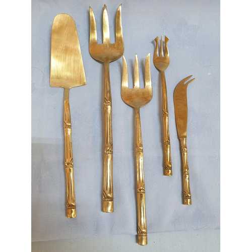 124 - Large Set of 98pcs of Brass Cutlery Bamboo Pattern on Handles in Wooden Display Box