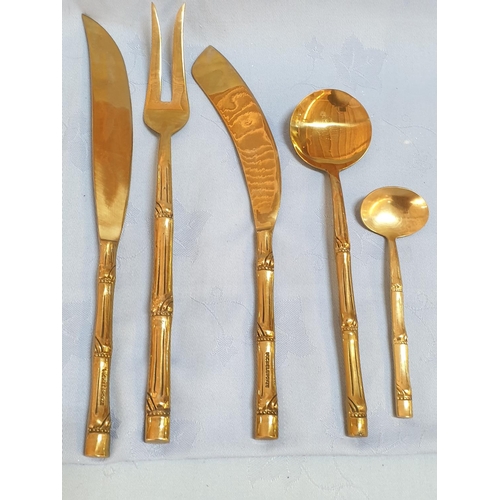 124 - Large Set of 98pcs of Brass Cutlery Bamboo Pattern on Handles in Wooden Display Box