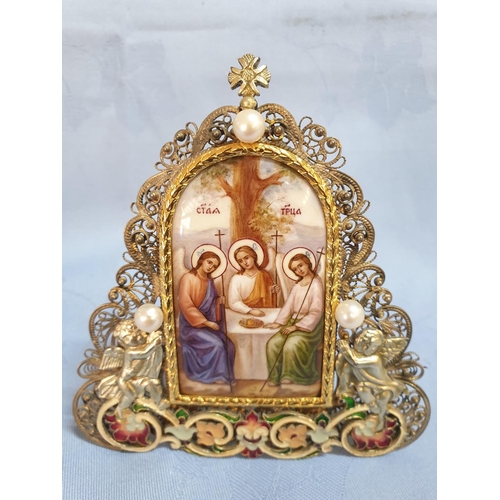 187 - White Metal / Gold Plated with Enamel and Crystals Hand Painted Miniature Icon; 