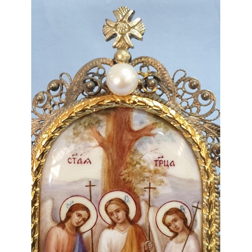 187 - White Metal / Gold Plated with Enamel and Crystals Hand Painted Miniature Icon; 