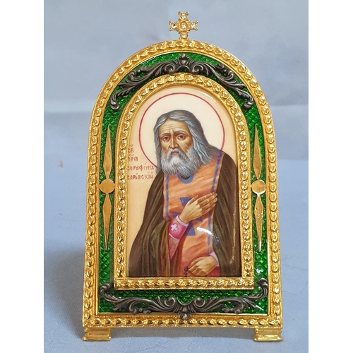 187 - White Metal / Gold Plated with Enamel and Crystals Hand Painted Miniature Icon; 