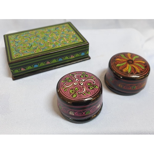 303 - Collection of 3 x Black Lacquer Trinket Boxes with Hand Painted Pattern (2 x Round Ø5cm x H:3.5cm ea... 