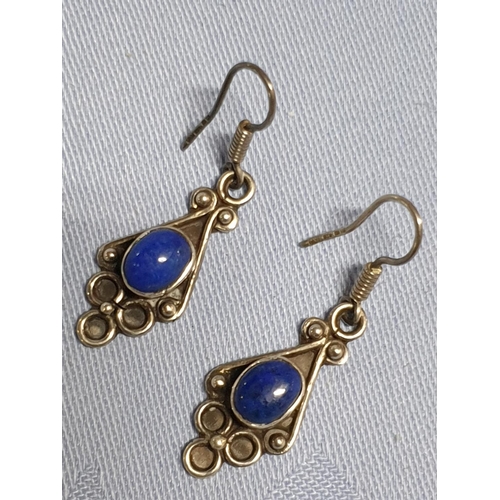 310 - Pair of Silver Earrings with Ethnic Pattern and Lapis Stone Together with Silver Chain with Natural ... 