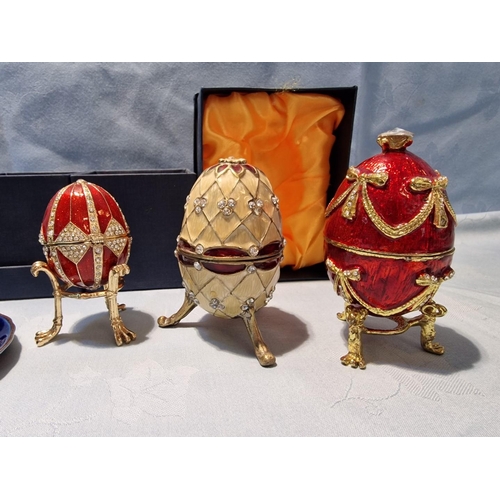 106 - Collection of 3 x Decorated Enamel Egg Shape Trinket Pots with 3-Feet or Stand / Base, Together with... 