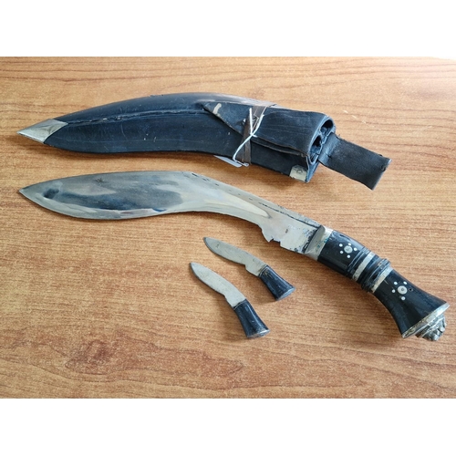 114 - Kukri Knife with 2 x Small Daggers in Leather Sheaf