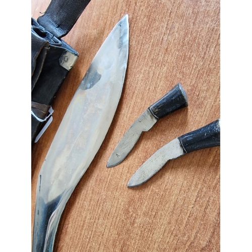 114 - Kukri Knife with 2 x Small Daggers in Leather Sheaf