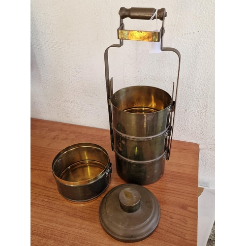 115 - Vintage Brass (?) 4-Tier Army / Miners Stackable Lunch Boxes / Cook Pots with Carrying Handle, Toget... 