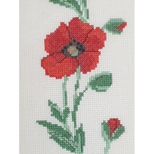 253 - 2 x Embroidery Pictures Poppies in Frames (24x 63cm / 35 x 59cm)