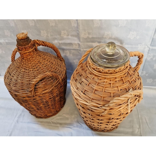 28 - 2 x Large Vintage Wicker Clad Glass Demi-Johns / Container, for Wine / Oil / Olives, (2)